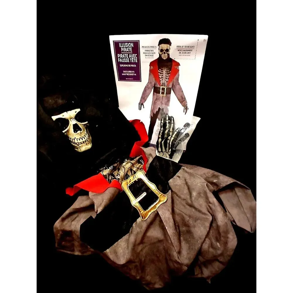 Skeleton Pirate Costume CHILD Sz XL 14-16 Illusion 9 INCHES TALLER Halloween